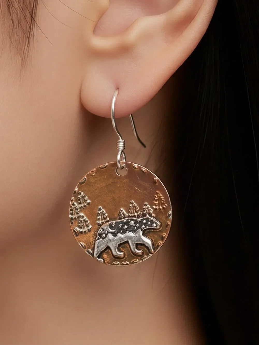 Forest Bear Earrings – Copper Disc Rustic Cabin Nature Dangles Artisan Statement